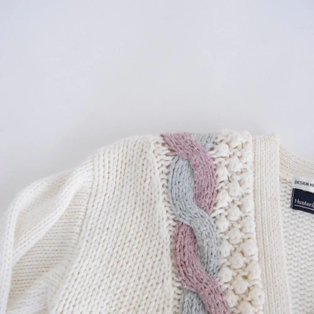 Vintage Hunters Run Cream, Purple & Blue Button Up Knit Cardigan L - Picture 10 of 12